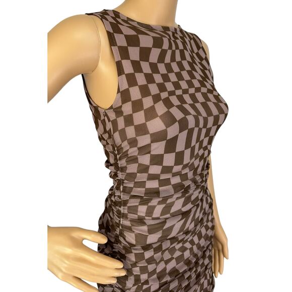 2/$30 Urban Outfitters Austin Mesh Mini Dress Taupe Checkered Ruched Size XS - Picture 11 of 14